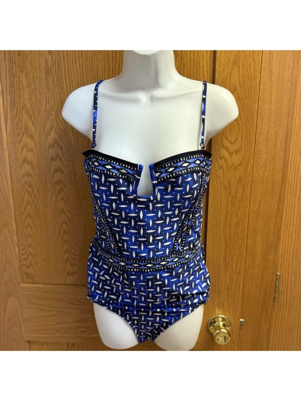 La Blanca Blue & White Geometric Print One-Piece Swimsuit - Size 14